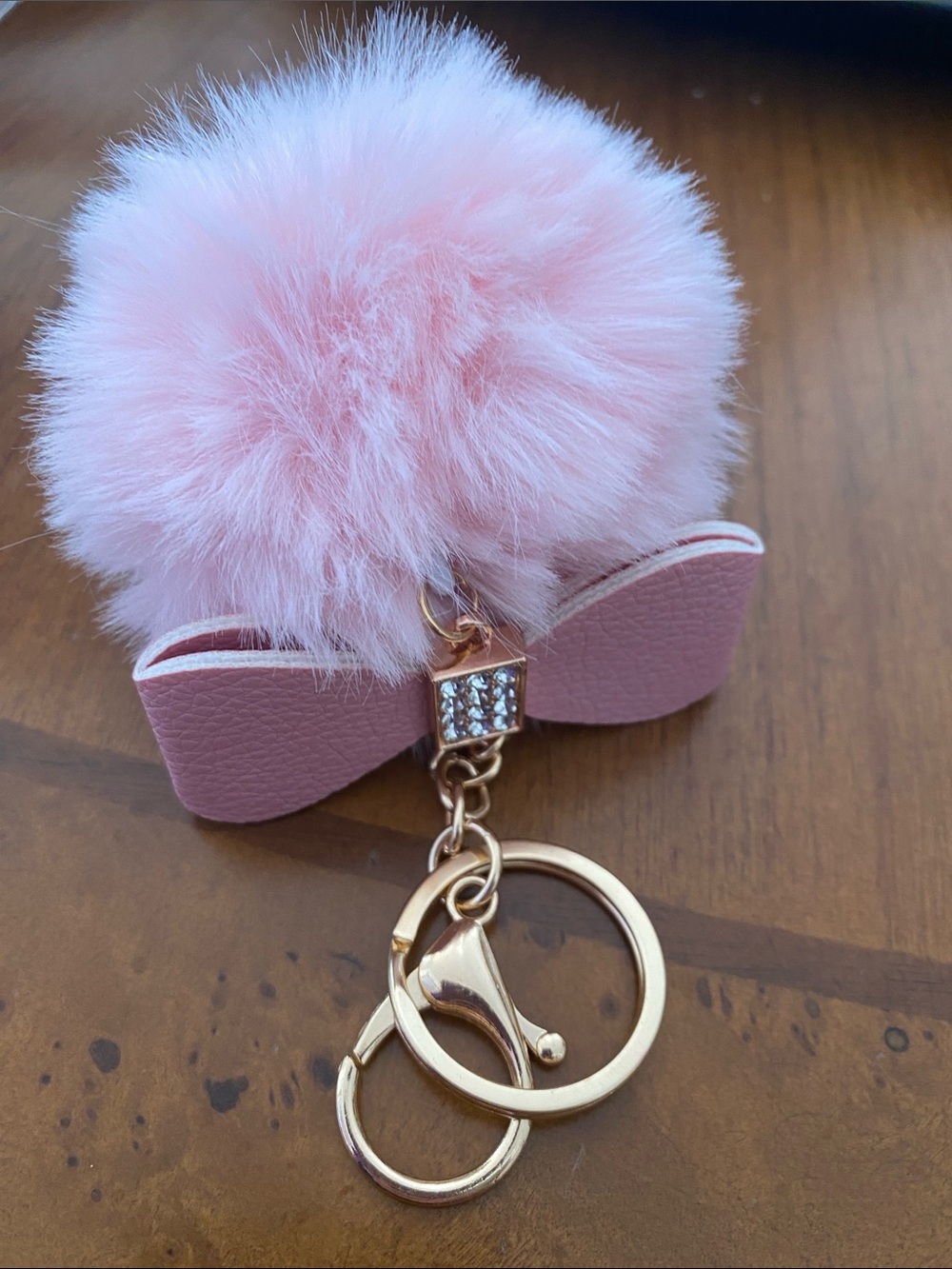 Pink Faux Fur Pom Pom Bow Keychain with Crystal Accent